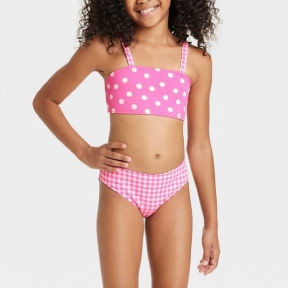 Cat & Jack Girls Pink Gingham Spots Polka Dots Bandeau Bikini Set Sz XXL (16-18) - Picture 3 of 14